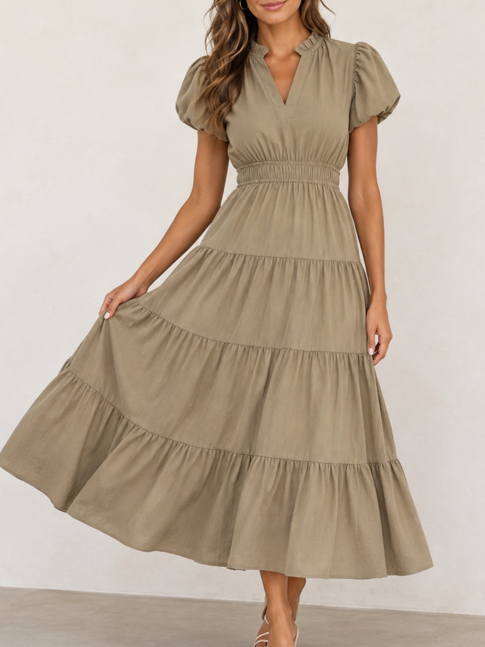 A-Line Puff Sleeve Smocked Waist Tiered Midi Dress- NWT - Size XL